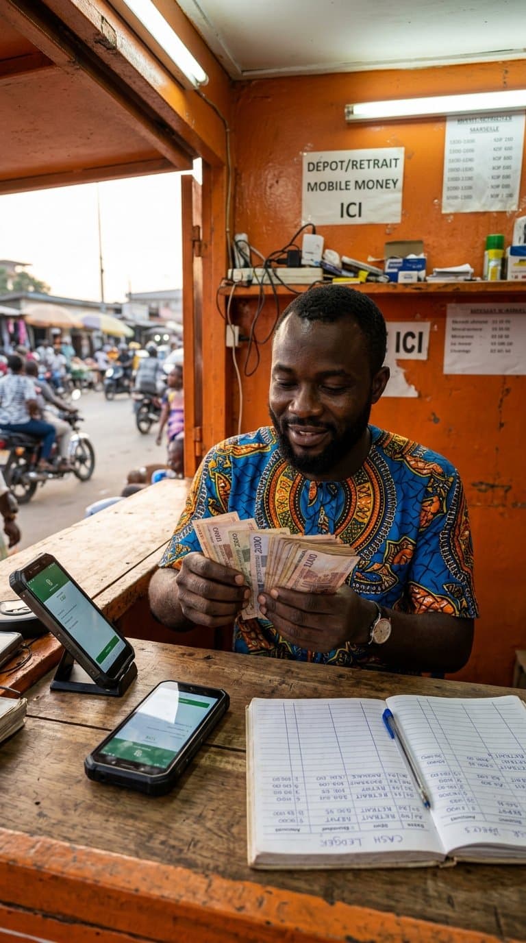 Agent mobile money en Côte d'Ivoire comptant des billets CFA au comptoir d'un kiosque dépôt-retrait