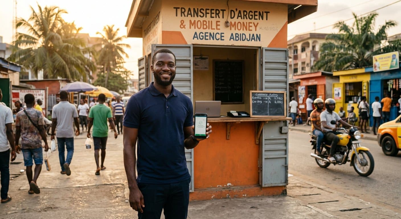 Entrepreneur ivoirien devant son kiosque de transfert d'argent et mobile money à Abidjan