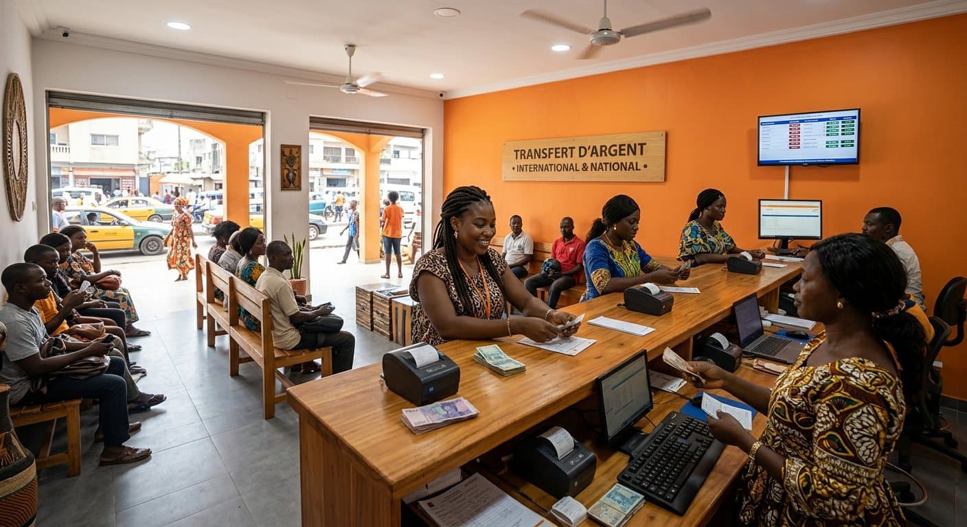 Agence moderne de transfert d'argent à Abidjan avec plusieurs guichets et clients