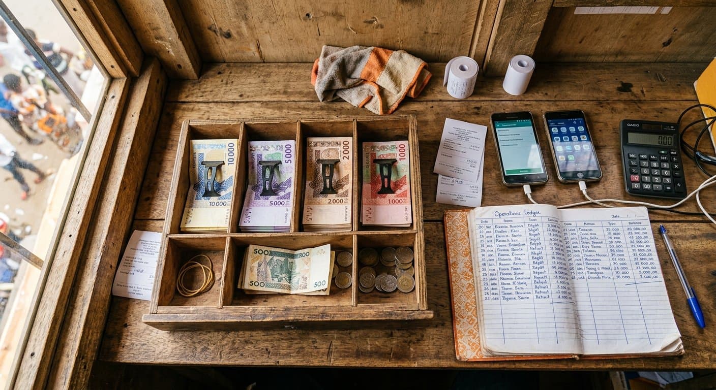 Caisse d'une agence mobile money en Côte d'Ivoire : billets CFA, téléphones et cahier d'opérations