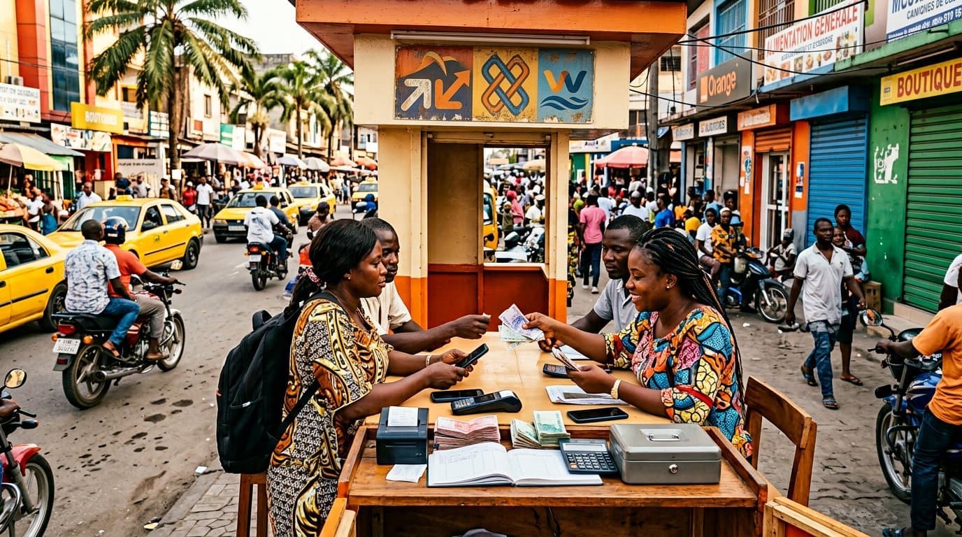 Kiosque de transfert d'argent et mobile money dans une rue animée d'Abidjan, Côte d'Ivoire