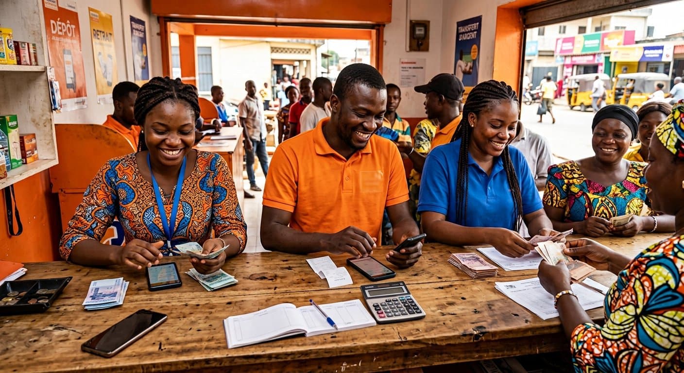 Équipe d'agents servant des clients au comptoir d'une agence de transfert d'argent à Abidjan